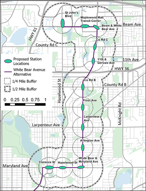 Proposed station areas starting in the northwest at St. John's Boulevard, east on Beam Avenue to White Bear Avenue, south to Maryland Avenue, west to Clarence Street.