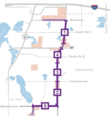 Map highlighting the five corridor walk locations described in the text.