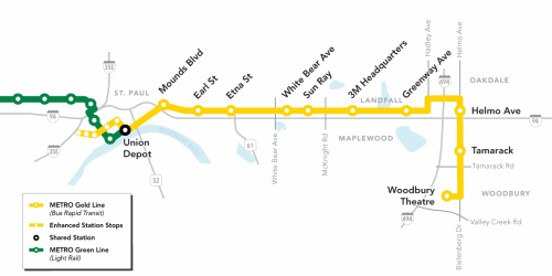 Map of planned METRO Gold Line, bus rapid transit serving the East Metro.