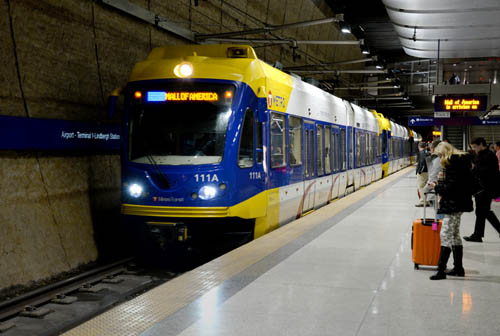 A train pulls into the Lindbergh Station underneath the airport.