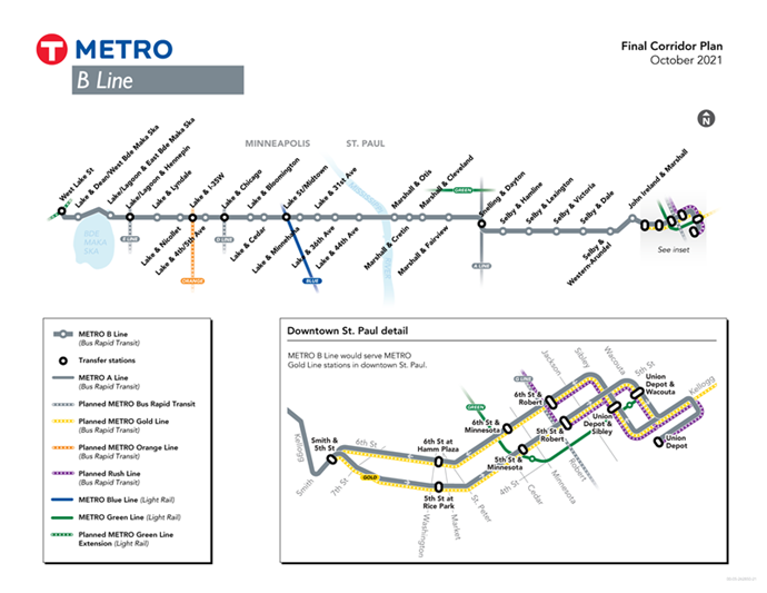 B Line map showing the route from West Lake Station to downtown St. Paul via Lake, Marshall, and Selby.