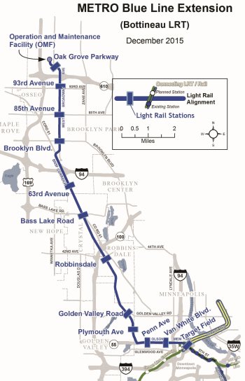 Map shows Locally Preferred Alternative alignment of the METRO Blue Line Extension adopted by the Council in 2013.  SEE LARGER MAP (PDF).
