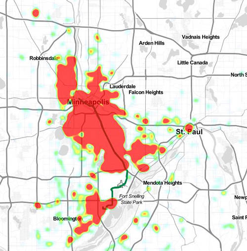 Map shows home locations of riders on the METRO Blue Line, as mapped using on-board survey data. Red indicates highest concentration of riders, followed by yellow and green.