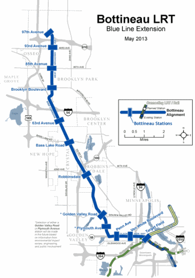 Bottineau LRT Blue Line Extension route map.