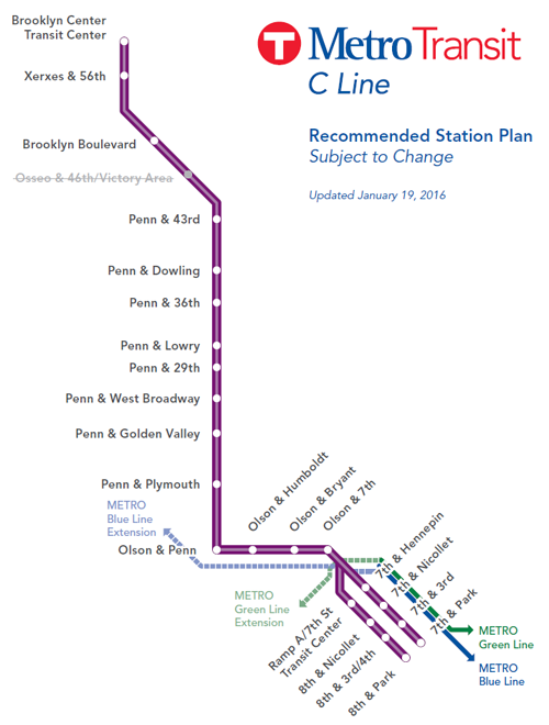 Map shows the proposed stations on the C Line BRT through Minneapolis into Brooklyn Center.
