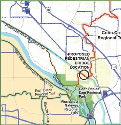 A circled location to the northwest of Coon Rapids Dam Regional Park.