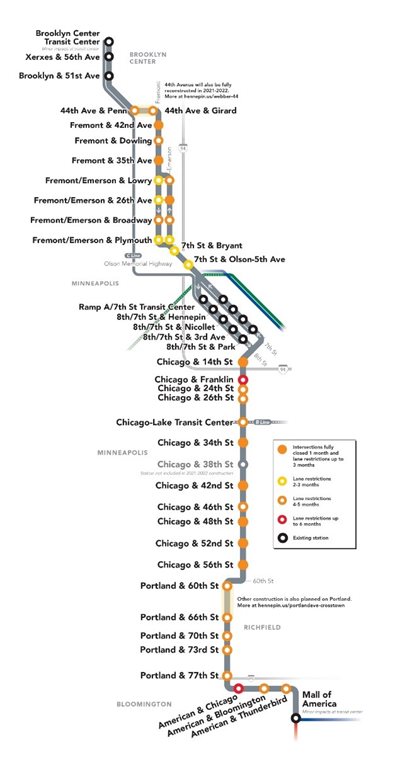 The METRO D Line route from Brooklyn Center Transit Center in the north, through downtown Minneapolis, and south to the Mall of America.