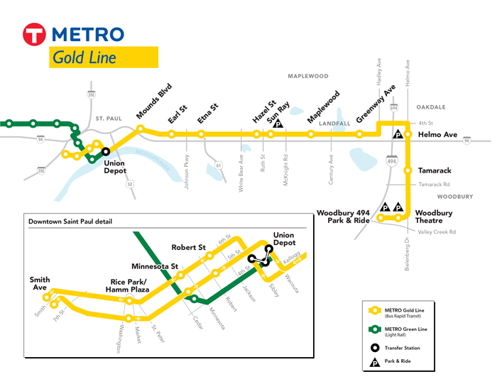 Illustrated map of the Gold Line route, from downtown Minneapolis to the Woodbury Park and Ride.