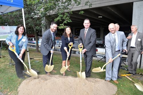 From left to right: Sophia Ginis, Supervisor-Public Involvement; Derek Berube, Principal Engineer; Metropolitan Council Chair Alene Tchourumoff; Pat Jones, Assistant Director-Engineering & Facilities; Brian Funk, Deputy Chief of Operations-Bus.