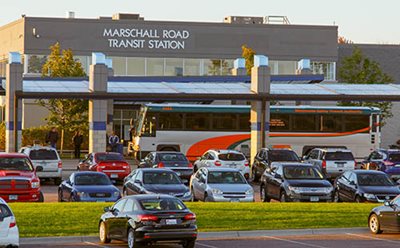 An MVTA bus at the Marschall Road Transit Station park-and-ride.