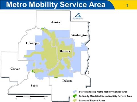 Metro Mobility State and Federally Mandated Service Areas in the Twin Cities 7-county metro area.