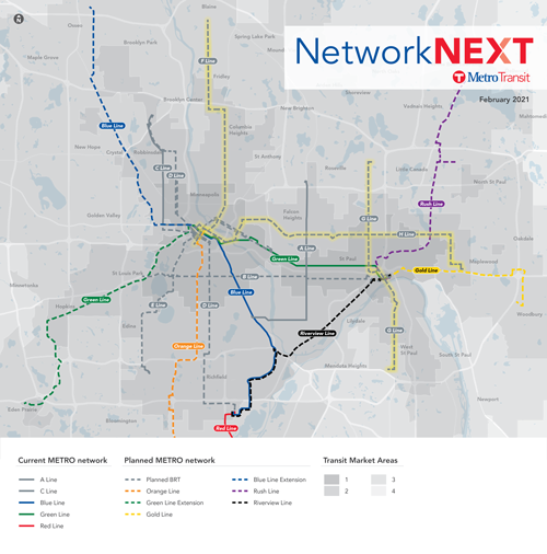 Illustration of the METRO light rail and bus rapid transit lines. The F and G lines run roughly north-south, and the H line runs roughly east-west.