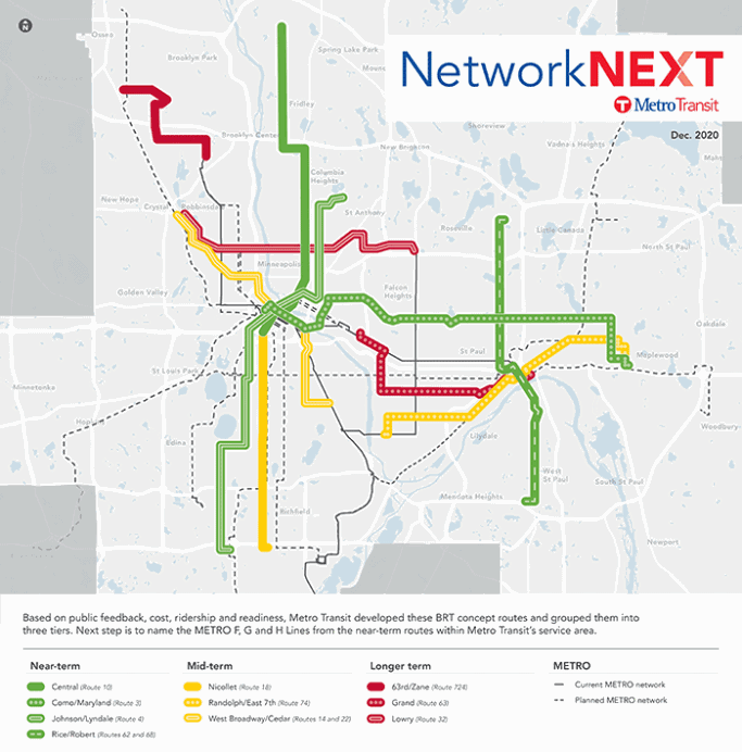 Map showing 10 future BRT routes through the Twin Cities, broken down into near-term, mid-term, and longer term projects.