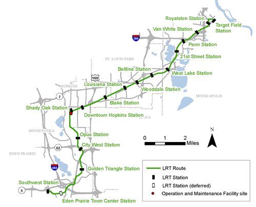 Southwest light rail route map - July 8 2015. LINK TO LARGER PDF MAP.