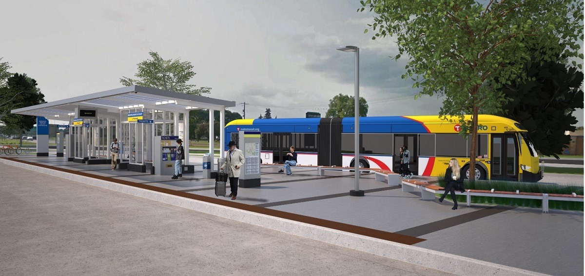 Rendering of an articulated bus at a transit stop.