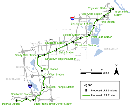 Map shows the current proposed route of the METRO Green Line extension. The Corridor Management Committee is discussing options for cutting the cost of the line. Two of the options include eliminating the Mitchell Road and Southwest stations at the western end.