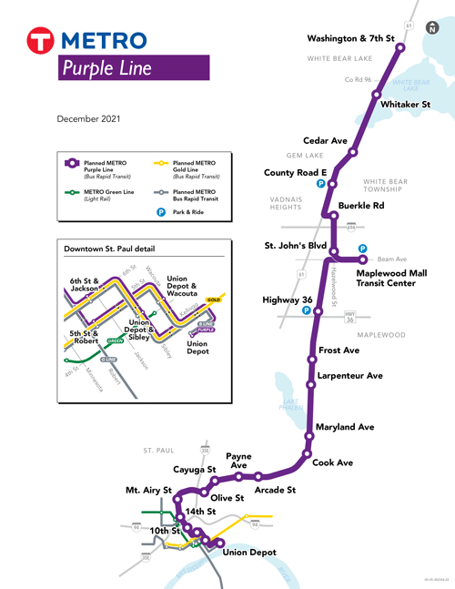 Purple Line route map from White Bear Lake at the north to Union Depot at the south.