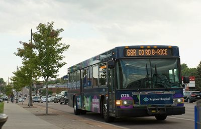 A Route 68 bus traveling on Robert Street in West St. Paul.