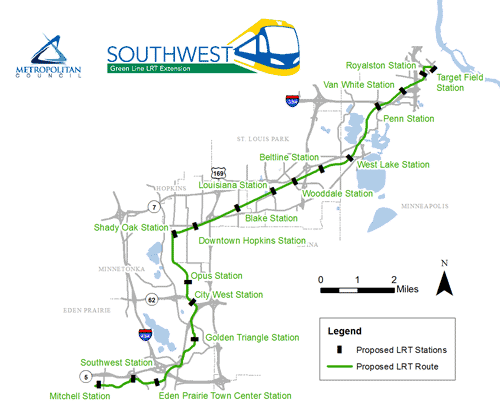 The recommended Southwest LRT alignment  retains the Mitchell Road Station, adjusts the alignment through Eden Prairie to better serve the town center, and eliminates the 21st Street Station.