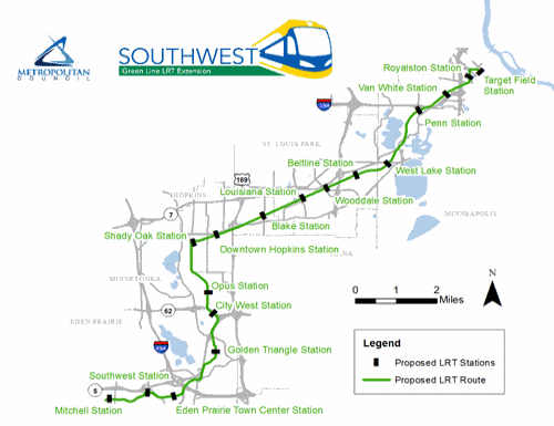 The recommended Southwest LRT alignment retains the Mitchell Road Station, adjusts the alignment through Eden Prairie to better serve the town center, and eliminates the 21st Street Station. See more about the route.