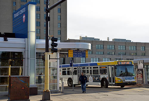 Route 21 bus at a transit center.