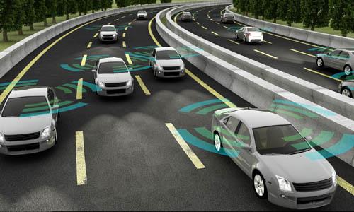 Rendering of autonomous vehicles on roadway.