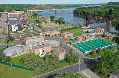 A wastewater treatment plant next to the Mississippi River.