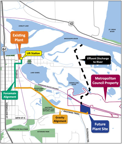 Illustrated map with the existing plant next to the river, and the future plant away from the river with a new discharge route.