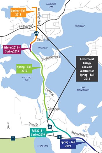 Map shows phases of construction for the Mound/Minnetrista interceptor sewer rehab project.