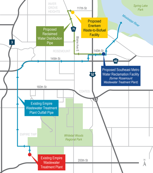 Map shows route of existing outfall pipe of treated wastewater from the Empire Plant, as well as the location of the proposed Southeast Metro Water Reclamation Facility.