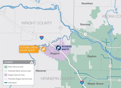 Map shows location of the current wastewater treatment plant and its service area, and the nearby site of a future plant.