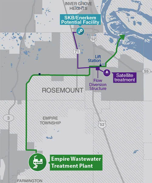 Map with a line from Empire in the lower left to the Mississippi River in the upper right, with another line showing Enerkem's facility and structure nearby.