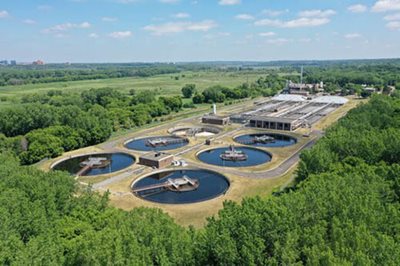 Aerial view of a wastewater treatment facility.