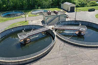 Aerial view of clarifying tanks.