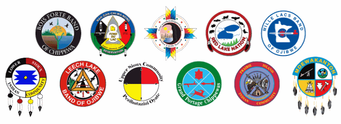 11 logos: Bois Forte Band of Chippewa, Fond du Lac Band of Lake Superior Chippewa, White Earth Nation, Red Lake Nation, Mille Lacs Band of Ojibwe, Lower Sioux Indian Community, Leech Lake Band of Ojibwe, Upper Sioux Community, Grand Portage Band of Ojibwe, Prairie Island Indian Community, Shakopee Mdewakanton Sioux Community.