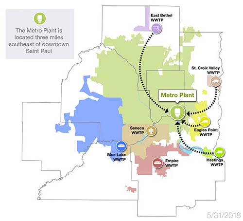 The Metro Plant treats 180 million gallons of wastewater every day for 66 communities (green area on map) and processes 850 wet tons of solids every day for 73 communities.