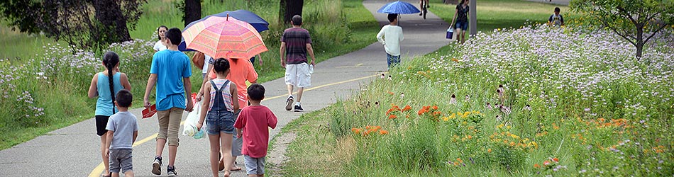 People walking on a paved path in the summer.