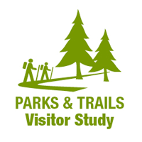Green graphic with two hikers, two trees, and words Parks and Trails Visitor Study.