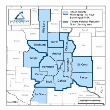 Map showing the planning area as Anoka, Carver, Chisago, Dakota, Hennepin, Ramsey, Sherburne, Scott, and Washington counties in Minnesota, and Pierce and St. Croix counties in Wisconsin.