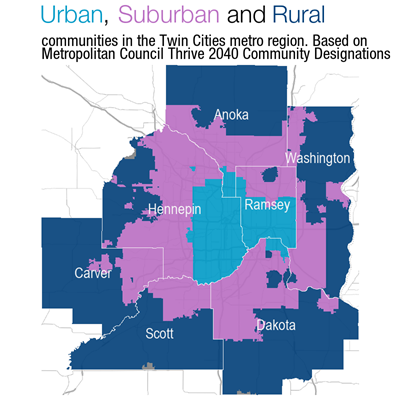 Map of the 7-county metro area, with urban areas in the middle, suburban surrounding, and rural at the edges.