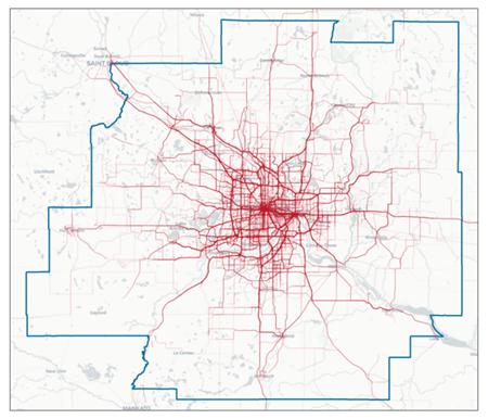 Map of the Twin Cities metro area with routes in red.