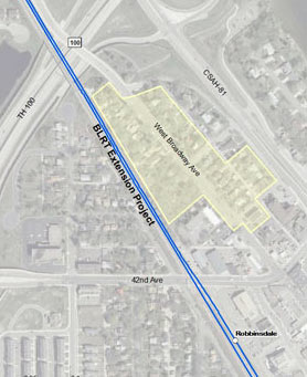 Map showing location of the West Broadway Avenue Residential Historic District in Robbinsdale, MN