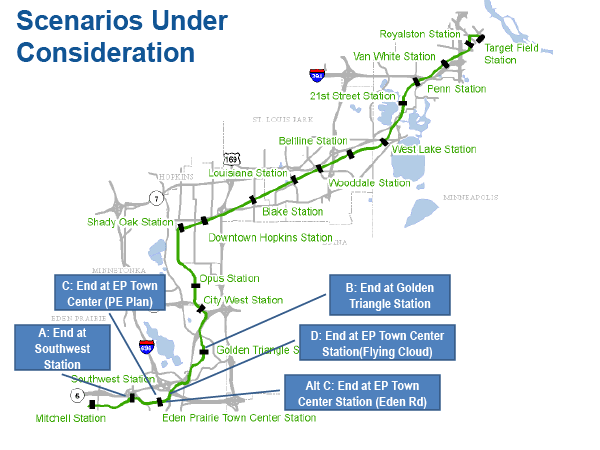 Map of Southwest LRT cost reduction scenarios under consideration
