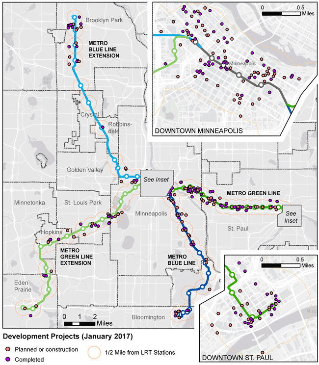Map of development projects within one-half mile of light rail transitways