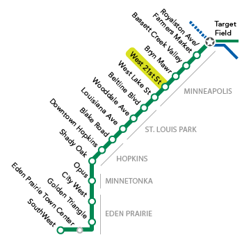 Station locator schematic showing position of West 21st Street Station