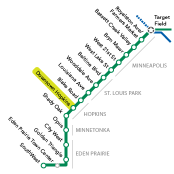 Station locator schematic showing position of Downtown Hopkins Station