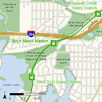 Map showing the location of Bryn Mawr Station