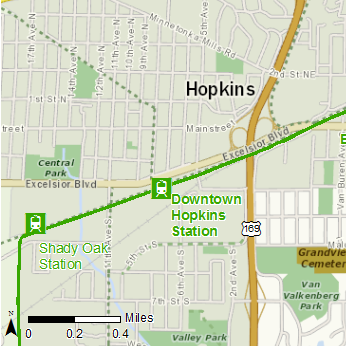 Map showing location of Downtown Hopkins Station