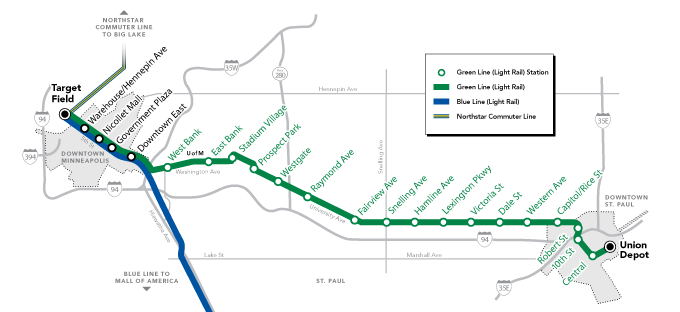 Route map from Target Field east to Union Depot.