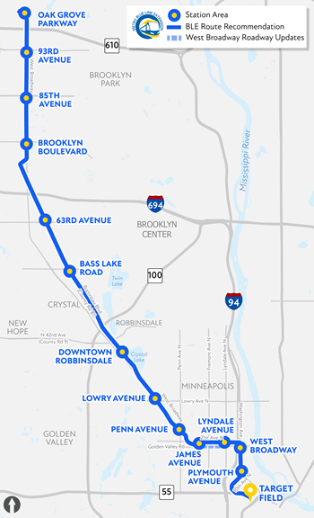 Full route map from Oak Grove Parkway in Brooklyn Park at the north, south and then southeast at Brooklyn Center, to Lyndale Avenue, south to Target Field.